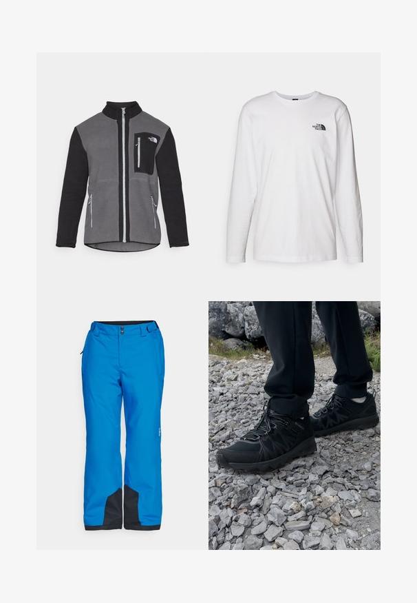 Chaqueta de forro polar en gris y negro, con un collar alto, bolsillos con cremallera y un bolsillo en el pecho con un logo. Tejido suave y texturizado.; Camiseta de manga larga blanca de algodón con cuello redondo. Presenta un pequeño logotipo negro en el pecho. Textura suave, corte regular.; Pantalones de nieve azules con una textura suave, botones frontales dobles y acentos negros en los puños y bolsillos laterales para mayor funcionalidad.; Zapatos exteriores negros con malla y material sintético, que presentan un upper texturizado, un sistema de cordones seguro y una suela robusta, sobre terreno rocoso.