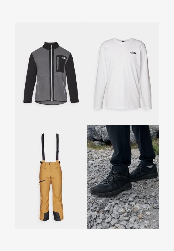 Fleece jack in grijs en zwart, met een hoge kraag, ritszakken en een borstzak met een logo. Zacht, gestructureerd materiaal.; Witte lange mouwen T-shirt gemaakt van katoen met een ronde hals. Beschikt over een klein zwart logo op de borst. Soepele textuur, normale pasvorm.; Gele sneeuwbroek met zwarte verstelbare bretels. Bevat ritssluitingen en zwarte accenten bij de boorden. Recht model. Waterdicht materiaal.; Zwarte buitenschoenen van mesh en synthetisch materiaal, met een gestructureerd bovenwerk, een beveiligd vetersysteem en een robuuste zool, op een ruig terrein.