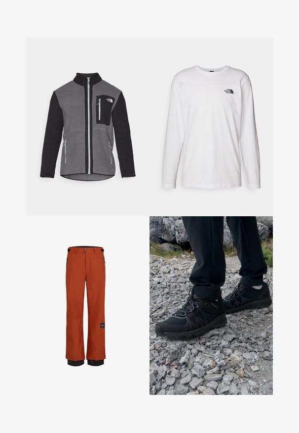 Fleecejakke i grå og sort, der har en høj krave, lynlåslommer og en brystlomme med et logo. Blødt, struktureret stof.; Hvid langærmet T-shirt lavet af bomuld med rund hals. Har et lille sort logo på brystet. Glat tekstur, almindelig pasform.; Orange vandtætte skibukser med en sort justerbar talje, sidelommer og elastiske manchetter til temperaturregulering.; Sorte udendørssko med mesh og syntetisk materiale, med en tekstureret overdel, sikre snørebånd og en robust ydersål, på klippelandskab.