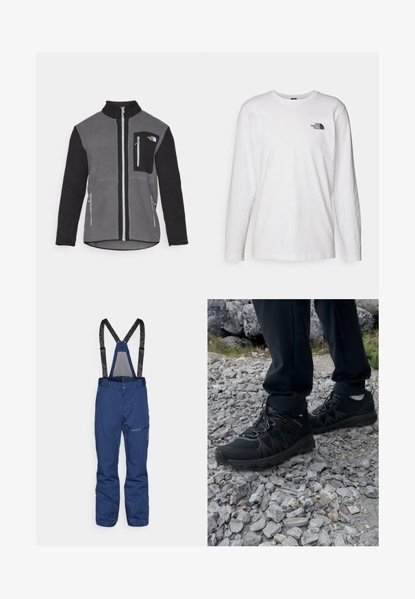 Fleece jacket in gray and black, featuring a high collar, zippered pockets, and a chest pocket with a logo. Soft, textured fabric.; White long-sleeve T-shirt made of cotton with a crew neck. Features a small black logo on the chest. Smooth texture, regular fit.; Navy blue ski pants with adjustable black suspenders, front zip pocket, reinforced cuffs, and a smooth textured surface.; Black outdoor shoes with mesh and synthetic material, featuring a textured upper, secured lacing system, and a rugged outsole, on rocky terrain.