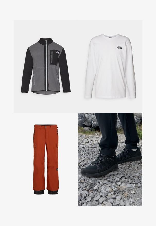 Fleecejakke i grå og sort, der har en høj krave, lynlåslommer og en brystlomme med et logo. Blødt, struktureret stof.; Hvid langærmet T-shirt lavet af bomuld med rund hals. Har et lille sort logo på brystet. Glat tekstur, almindelig pasform.; Rustrøde, vandtætte skibukser med isolerende stof, to sidelommer med lynlås, en cargo-lomme og sorte elastiske manchetter ved anklerne.; Sorte udendørssko med mesh og syntetisk materiale, med en tekstureret overdel, sikre snørebånd og en robust ydersål, på klippelandskab.