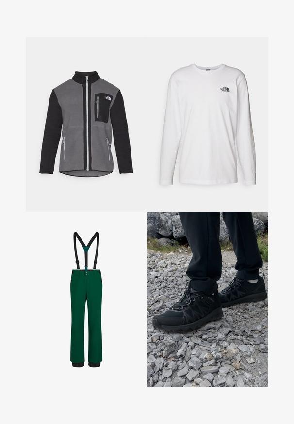 Chaqueta de forro polar en gris y negro, con un collar alto, bolsillos con cremallera y un bolsillo en el pecho con un logo. Tejido suave y texturizado.; Camiseta de manga larga blanca de algodón con cuello redondo. Presenta un pequeño logotipo negro en el pecho. Textura suave, corte regular.; Pantalones de nieve verdes con tirantes ajustables negros, bolsillos con cremallera, corte recto y dobladillos reforzados para mayor durabilidad. Textura suave.; Zapatos exteriores negros con malla y material sintético, que presentan un upper texturizado, un sistema de cordones seguro y una suela robusta, sobre terreno rocoso.