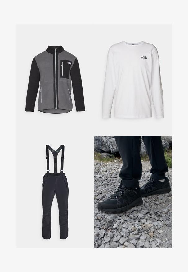 Fleece jack in grijs en zwart, met een hoge kraag, ritszakken en een borstzak met een logo. Zacht, gestructureerd materiaal.; Witte lange mouwen T-shirt gemaakt van katoen met een ronde hals. Beschikt over een klein zwart logo op de borst. Soepele textuur, normale pasvorm.; Zwarte waterdichte broeken met verstelbare bretels, ritszakken en versterkte onderbenen voor duurzaamheid en functionaliteit.; Zwarte buitenschoenen van mesh en synthetisch materiaal, met een gestructureerd bovenwerk, een beveiligd vetersysteem en een robuuste zool, op een ruig terrein.