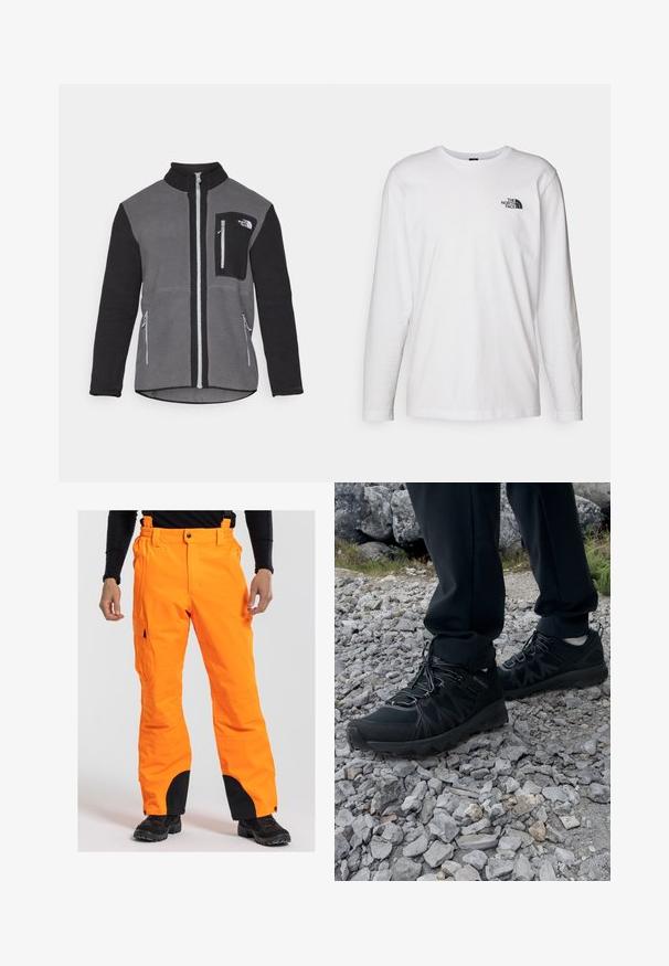 Kurtka polarowa w kolorze szarym i czarnym, z wysokim kołnierzem, zamykanymi na zamek kieszeniami oraz kieszenią na piersi z logo. Miękki, teksturowany materiał.; Biała koszulka z długim rękawem wykonana z bawełny, z okrągłym dekoltem. Posiada małe czarne logo na piersi. Gładka faktura, regularny krój.; Pomarańczowe wodoodporne spodnie z regulowanymi szelkami, kieszeniami typu cargo i czarnymi akcentami przy mankietach. Odpowiednie do aktywności na świeżym powietrzu w zimnej pogodzie.; Czarne buty outdoorowe wykonane z siateczki i materiału syntetycznego, z fakturowaną cholewką, zabezpieczonym systemem sznurowania i solidną podeszwą, na skalistym terenie.