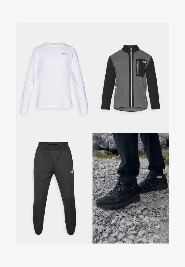 Fleecová bunda v šedé a černé barvě, s vysokým límcem, zipovými kapsami a náprsní kapsou s logem. Měkká, texturovaná látka.; Bílý dlouhý rukáv tričko z bavlny, s kulatým výstřihem a malým černým logem Columbia na hrudi. Měkká textura, přiléhavý střih.; Černé tepláky s nastavitelným pasem, zúženým střihem, elastickými manžetami a malým bílým logem na levém stehně, vyrobené z hladké tkaniny.; Černé venkovní boty z prodyšného a syntetického materiálu, s texturovaným svrškem, bezpečným šněrovacím systémem a robustní podrážkou, na skalnatém terénu.