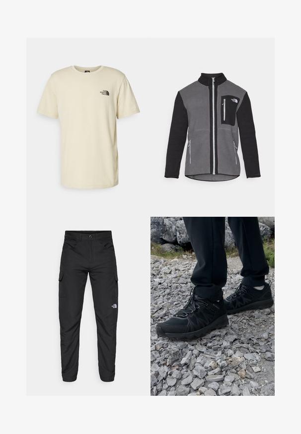 Fleecejakke i grå og svart, med høy krage, glidelås-lommer og en brystlomme med logo. Myk, teksturert stoff.; Lys beige bomull t-skjorte med rund hals og korte ermer. Har en svart logo trykket på venstre brystområde. Enkel, klassisk snitt.; The North Face HORIZON PANT - Friluftsbukser - black; Sorte utendørssko i svart med mesh og syntetisk materiale, med en teksturert overdel, sikret snøresystem og en robust såle, på steinete terreng.