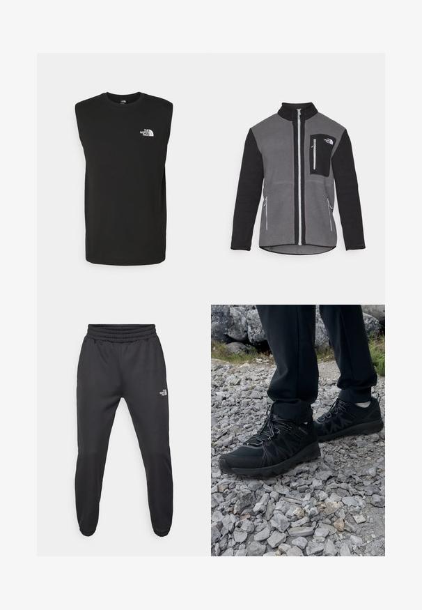 Fleecejakke i grå og svart, med høy krage, glidelås-lommer og en brystlomme med logo. Myk, teksturert stoff.; Svart ermeløs skjorte laget av bomull, med rund hals og en liten hvit logo på venstre brystområde. Glatt tekstur.; Sorte joggebukser med snor i livet, tettsittende passform, elastiske mansjetter og en liten hvit logo på venstre lår, laget av glatt materiale.; Sorte utendørssko i svart med mesh og syntetisk materiale, med en teksturert overdel, sikret snøresystem og en robust såle, på steinete terreng.