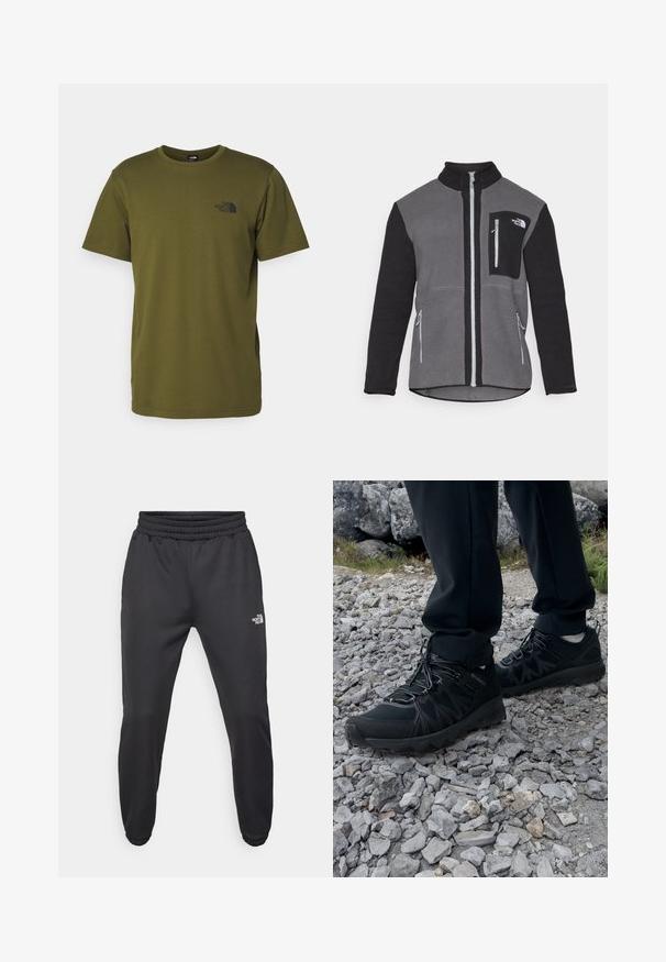 Fleecejakke i grå og sort, der har en høj krave, lynlåslommer og en brystlomme med et logo. Blødt, struktureret stof.; Olivenfarvet bomulds T-shirt med rund hals, korte ærmer og et lille sort logo trykt på brystet. Glat tekstur, klassisk pasform.; Sorte sweatpants med snor i livet, tætsiddende pasform, elastiske manchetter og et lille hvidt logo på venstre lår, lavet af glat stof.; Sorte udendørssko med mesh og syntetisk materiale, med en tekstureret overdel, sikre snørebånd og en robust ydersål, på klippelandskab.