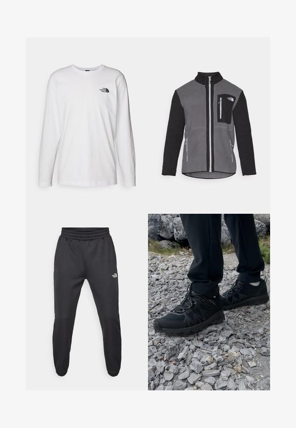 Fleecejakke i grå og sort, der har en høj krave, lynlåslommer og en brystlomme med et logo. Blødt, struktureret stof.; Hvid langærmet T-shirt lavet af bomuld med rund hals. Har et lille sort logo på brystet. Glat tekstur, almindelig pasform.; Sorte sweatpants med snor i livet, tætsiddende pasform, elastiske manchetter og et lille hvidt logo på venstre lår, lavet af glat stof.; Sorte udendørssko med mesh og syntetisk materiale, med en tekstureret overdel, sikre snørebånd og en robust ydersål, på klippelandskab.