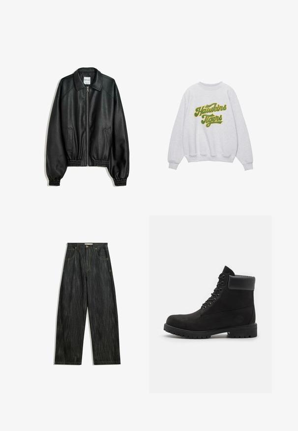 Mustat nahkatakki, jossa on vetoketjukiinnitys edessä, sivutaskut ja gathered-hihansuut. Ominaisuuksiin kuuluu kankainen kaulus ja teksturoitu pinta.; Harmaa collegepaita, jossa on vihreällä käsinkirjoitetulla tekstillä "Hawkinin tiikerit". Suunnittelussa on ribbireunat hihansuissa ja kaula-aukossa, ja se on pehmeää materiaalia.; Tummansiniset farkut, joissa on löysä istuvuus, hienovarainen pystykudos, keltainen ommel, viisi taskua ja klassinen nappisulku.; Mustat nauhalla kiinnitettävät nilkkurit, joissa on pehmustettu kaulus ja jämäkkä pohja, esitettynä profiloituna valkoista taustaa vasten.