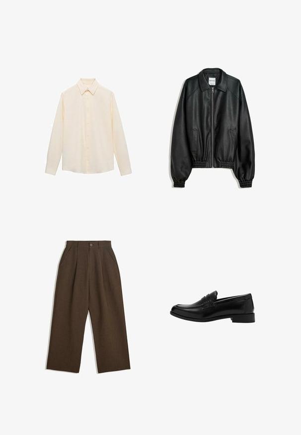 Mustat nahkatakki, jossa on vetoketjukiinnitys edessä, sivutaskut ja gathered-hihansuut. Ominaisuuksiin kuuluu kankainen kaulus ja teksturoitu pinta.; Hunajankeltainen neulepusero, jossa on vetoketjukaulus. Ominaisuuksiin kuuluvat ribbineulotut hihansuut ja helma, tekstuuri, sekä brodeerattu valkoinen kirjain 'B' yksityiskohtana.; Vaaleankeltainen napillinen paita, jossa on kauluskera, pitkät hihat ja pystysuuntainen raidallinen kuvio. Valmistettu pehmeästä kankaasta.; Ruske pleated hlače s širokim nogavicami, ki imajo gumbasto zapiranje in stranske žepke, narejene iz teksturiranega materiala, primernega za sproščeno nošenje.; Musta nahkainen loafer, jossa on pyöreä kärki, poimutettu etuosa, teksturoitu yksityiskohta ja matala korko, taustalla yksinkertainen tausta.