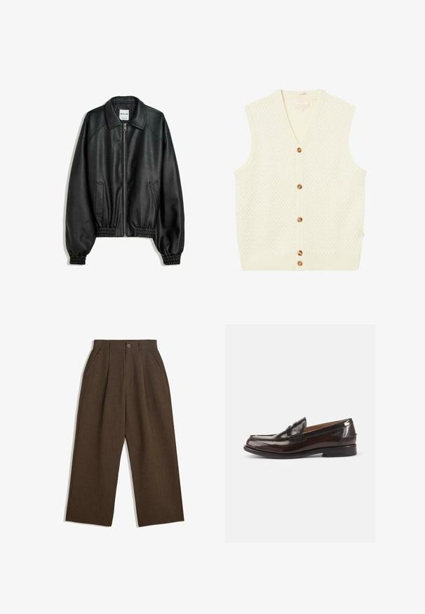 Black leather jacket with a zip front, side pockets, and gathered cuffs. Features a structured collar and textured finish.; Cream knitted vest with a textured diamond pattern, v-neck, ribbed hem, and seven brown buttons down the front.; Light cream button-up shirt with thin vertical stripes. Features a pointed collar, long sleeves, and a small embroidered logo on the chest pocket.; Brown pleated trousers with a wide-leg design, featuring a button closure and side pockets, made of textured fabric suitable for casual wear.; Brown leather loafers with a shiny finish, a stitched design at the toe, and a low heel. Side embossed branding detail is present.