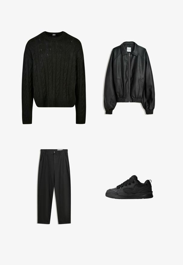 Fekete bőrkabát cipzáros elülső résszel, oldalsó zsebekkel és ráncolt mandzsettákkal. Struktúrált gallérral és texturált felülettel rendelkezik.; Fekete kötött pulóver, kábelmintás, kerek nyakkivágással, ejtett vállakkal és bordázott aljjal. Közepes hosszúságú fazon, texturált felülettel.; Fekete pamut nadrág laza szabással, klasszikus derékrésszel, elülső hajtásokkal és oldalsó zsebekkel. Simább textúra minta nélkül.; Fekete sportcipő texturált felsőrésszel, fűzőkkel, légáteresztő hálós részletekkel, párnázott bokarésszel és tartós talppal.