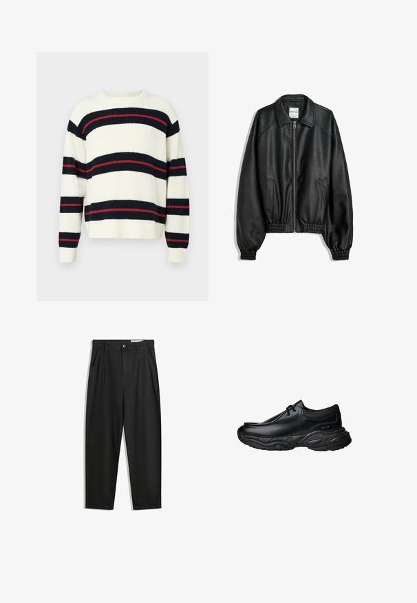 Black leather jacket with a zip front, side pockets, and gathered cuffs. Features a structured collar and textured finish.; Striped sweater in cream, featuring navy and red horizontal stripes. Made of thick knit material, with long sleeves and a crew neck.; Black cotton trousers with a relaxed fit, featuring a classic waistband, front pleats, and side pockets. Smooth texture without patterns.; Black leather slip-on shoes with a rounded toe and thick textured rubber sole. Features subtle stitching and elastic accents at the collar.