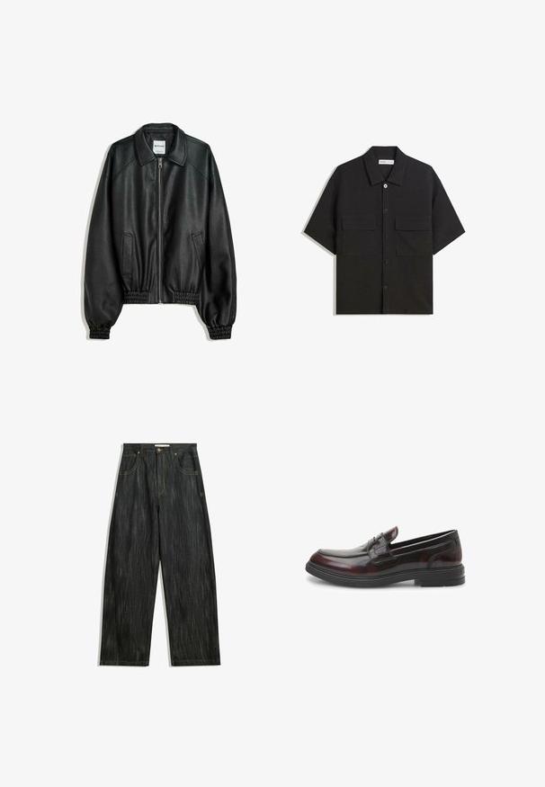 Schwarze Lederjacke mit Reißverschluss vorne, seitlichen Taschen und gerafften Bündchen. Sie verfügt über einen strukturierten Kragen und eine strukturierte Oberfläche.; Schwarzes kurzärmliges Shirt aus Stoff mit glatter Textur, verfügt über zwei Vorderaschen, einen klassischen Kragen und einen Knopfverschluss.; Dunkelblaue Jeans mit lockerer Passform, mit subtiler vertikaler Struktur, gelben Nähten, fünf Taschen und klassischem Knopfverschluss.; Schwarze und burgunderrote Lederloafers mit einer glatten, glänzenden Oberfläche. Merkmale sind eine gestickte Zehenpartie und eine niedrige schwarze Gummisohle. Klassisches Design.