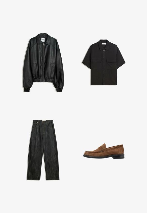 Black leather jacket with a zip front, side pockets, and gathered cuffs. Features a structured collar and textured finish.; Black short-sleeve shirt made of fabric with a smooth texture, features two front pockets, a classic collar, and button closure.; Dark denim jeans with a loose fit, featuring subtle vertical texture, yellow stitching, five pockets, and a classic button closure.; Brown suede loafer with a rounded toe design, stitched detailing on the upper, and a black rubber sole. Minimal brass accents.