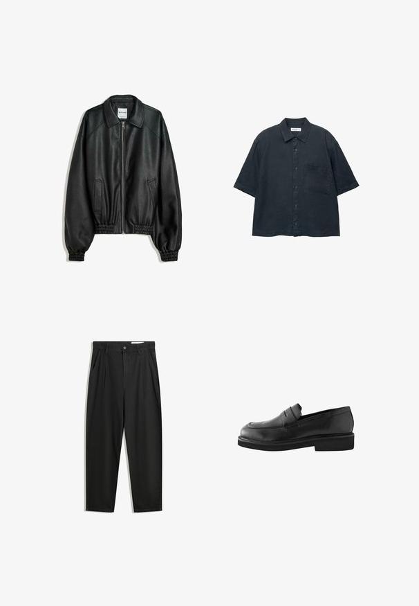 Jachetă din piele neagră, cu fermoar frontal, buzunare laterale și mansete strânse. Dispune de un guler structurat și un finisaj texturat.; Cămășuță scurtă cu mânecă închisă la culoare, fabricată dintr-un material ușor, având un buzunar pe piept și un guler clasic.; Pantaloni negri din bumbac cu croială lejeră, având un brâu clasic, plii frontale și buzunare laterale. Textură netedă fără modele.; Next EDIT CHUNKY REGULAR FIT - Pantofi slip-on - black