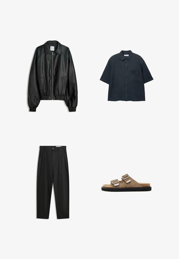Schwarze Lederjacke mit Reißverschluss vorne, seitlichen Taschen und gerafften Bündchen. Sie verfügt über einen strukturierten Kragen und eine strukturierte Oberfläche.; Dunkelblauses Kurzarm-Hemd mit Knopfleiste, aus leichtem Stoff gefertigt, mit einer Brusttasche und einem klassischen Kragen-Design.; Schwarze Baumwollhose mit lockerem Schnitt, ausgestattet mit einem klassischen Bund, vorderen Falten und Seiten taschen. Glatte Textur ohne Muster.; Braune Wildleder-Slidesandalen mit zwei verstellbaren silbernen Schnallen, schwarzer strukturierter Sohle und perforierten Details im oberen Abschnitt.