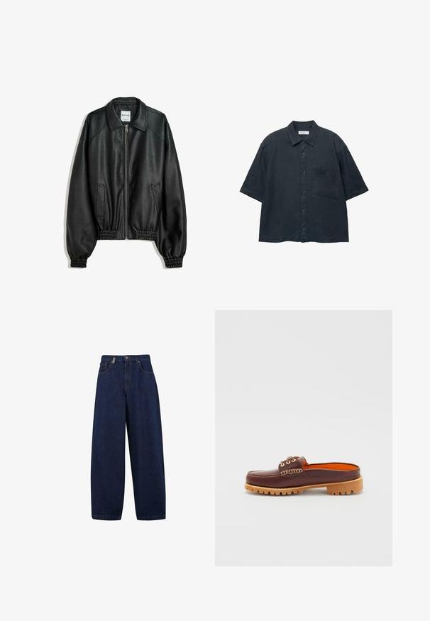 Crna kožna jakna s patentnim zatvaračem sprijeda, bočnim dzepovima i naboranim manžetama. Ima strukturiranu ovratnik i teksturiranu površinu.; Tamno plava košulja kratkih rukava na dugmad od lagane tkanine, s džepom na prsima i klasičnim dizajnom ovratnika.; Opuštene tamnoplave traperice visokog struka, s prednjim džepovima i ravnim nogavicama. Uključuje srebrne detalje i minimalno šivanje.; Smeđi kožni cipele bez pertli s zaobljenim vrhom, teksturiranim detaljima šivanja, zlatnim rupicama i smeškim, rebrastim đonom. Unutrašnjost je u svetlo narančastoj boji.