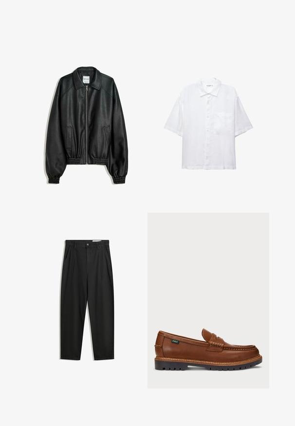 Fekete bőrkabát cipzáros elülső résszel, oldalsó zsebekkel és ráncolt mandzsettákkal. Struktúrált gallérral és texturált felülettel rendelkezik.; Fehér, rövid ujjú ing gombos elülső résszel, gallérral és egyetlen mellzsebbel. Könnyű anyagból készült, sima textúrával.; Fekete pamut nadrág laza szabással, klasszikus derékrésszel, elülső hajtásokkal és oldalsó zsebekkel. Simább textúra minta nélkül.; Barna bőr mokaszin díszes varrással és texturált orral. Az talpa strapabíró kialakítással rendelkezik, amely tapadást és tartósságot biztosít.