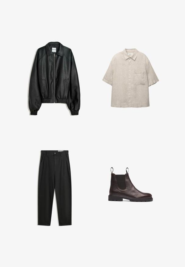 Crna kožna jakna s patentnim zatvaračem sprijeda, bočnim dzepovima i naboranim manžetama. Ima strukturiranu ovratnik i teksturiranu površinu.; Košulja na kratke rukave svijetlosive boje, s dugmadi, izrađena od teksturirane tkanine, s džepom na prsima i ležernim dizajnom ovratnika.; Crne pamučne hlače s opuštenim krojem, s klasičnim pojasom, prednjim nabranjima i bočnim džepovima. Glatka tekstura bez uzoraka.; Smeđe kožne Chelsea čizme s elastičnim bočnim panelima, teksturiranom površinom i čvrstim crnim gumenim đonom s usjecima za bolji zahvat.