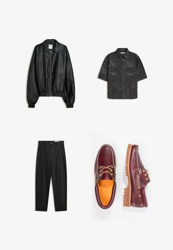 Jachetă din piele neagră, cu fermoar frontal, buzunare laterale și mansete strânse. Dispune de un guler structurat și un finisaj texturat.; Cămașă cu mânecă scurtă, cu nasturi, de culoare gri închis, dintr-un material texturat și cu un model subtil marmorat. Prezintă un guler ascuțit și un tiv drept.; Pantaloni negri din bumbac cu croială lejeră, având un brâu clasic, plii frontale și buzunare laterale. Textură netedă fără modele.; Pantofi din piele burgundă cu talpă din cauciuc brun, vârf rotund, cusături albe și gauri aurii pentru șireturi. Interiorul are un căptușeală galbenă.