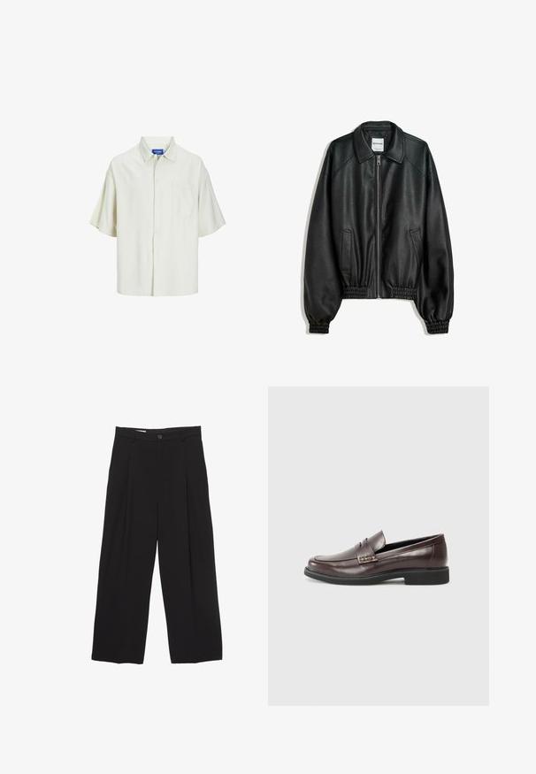 Czarna skórzana kurtka z zamkiem z przodu, kieszeniami po bokach i marszczonymi mankietami. Posiada usztywniony kołnierz i teksturowane wykończenie.; Koszula z krótkim rękawem zapinana na guziki w jasnokremowym kolorze, z jedną kieszonką na piersi, luźnym krojem i klasycznym kołnierzykiem.; Czarne spodnie o szerokich nogawkach, wykonane z gładkiego materiału, z płaskim pasem, plisami z przodu oraz pojedynczym zapięciem na guzik.; Brązowe skórzane mokasyny o gładkim wykończeniu, z delikatnym przeszyciem na cholewce i czarną gumową podeszwą.