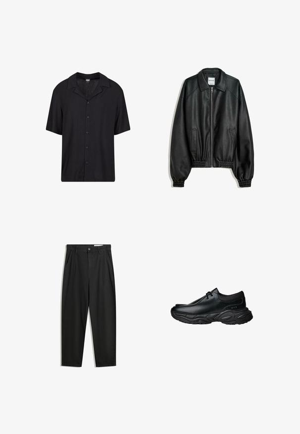 Schwarze Lederjacke mit Reißverschluss vorne, seitlichen Taschen und gerafften Bündchen. Sie verfügt über einen strukturierten Kragen und eine strukturierte Oberfläche.; Kurzarmpoloshirt aus leichtem Stoff in Schwarz, mit durchgehender Knopfleiste, Kentkragen und lässiger Passform, vielseitig kombinierbar.; Schwarze Baumwollhose mit lockerem Schnitt, ausgestattet mit einem klassischen Bund, vorderen Falten und Seiten taschen. Glatte Textur ohne Muster.; Schwarze Leder-Slipper mit runder Spitze und dicker, strukturiertem Gummisohle. Besitzt dezente Nähte und elastische Akzente am Schaft.