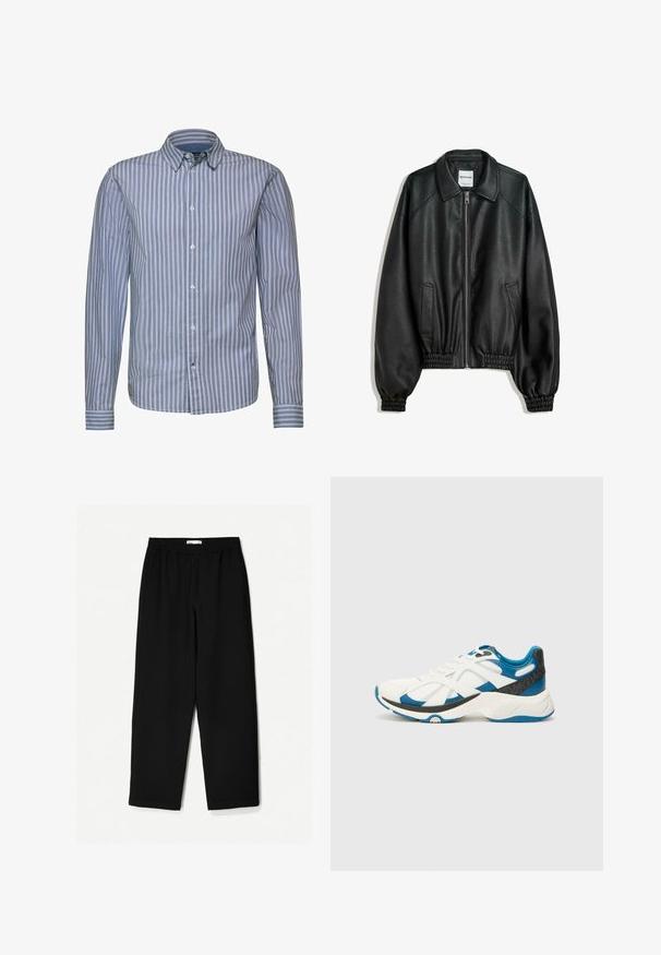 Mustat nahkatakki, jossa on vetoketjukiinnitys edessä, sivutaskut ja gathered-hihansuut. Ominaisuuksiin kuuluu kankainen kaulus ja teksturoitu pinta.; Sininen ja valkoinen raidallinen pitkähihainen napillinen paita. Ominaisuuksiin kuuluu klassinen kaulus, etunapit ja istuva malli sileällä tekstuurilla.; Mustat, leveät lahkeet tehty kevyestä kankaasta. Ominaisuuksiin kuuluu joustava vyötärö ja sileä tekstuuri. Ei näkyviä kuvioita tai kiinnikkeitä.; Valkoiset lenkkarit sinisillä yksityiskohdilla, verkkokangas ja synteettinen päällinen, teksturoitu harmaa kanta, pyöristetty kärki ja pehmustettu valkoinen pohja.