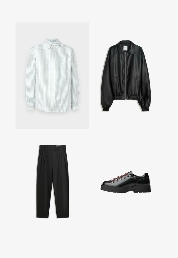 Crna kožna jakna s patentnim zatvaračem sprijeda, bočnim dzepovima i naboranim manžetama. Ima strukturiranu ovratnik i teksturiranu površinu.; Les Deux KENT - Majica - white; Crne pamučne hlače s opuštenim krojem, s klasičnim pojasom, prednjim nabranjima i bočnim džepovima. Glatka tekstura bez uzoraka.; Crne kožne planinarske cipele s crvenim i bijelim vezicama, velikim rupama za vezivanje i masivnim đonom za prianjanje i stabilnost.