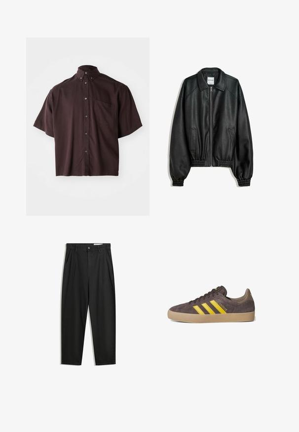 Schwarze Lederjacke mit Reißverschluss vorne, seitlichen Taschen und gerafften Bündchen. Sie verfügt über einen strukturierten Kragen und eine strukturierte Oberfläche.; Kurzarmhemd mit Kragen in tiefburgunder. Mit Knöpfen auf der Vorderseite und einer Brusttasche. Glatter Stoff mit lockerer Passform.; Schwarze Baumwollhose mit lockerem Schnitt, ausgestattet mit einem klassischen Bund, vorderen Falten und Seiten taschen. Glatte Textur ohne Muster.; Graue Wildledersneaker mit drei gelben Streifen, Gummisohle und strukturierten Details. Markennamen "Gazelle" an der Seite. Einfaches Schnürdesign.