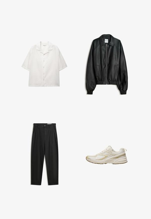 Czarna skórzana kurtka z zamkiem z przodu, kieszeniami po bokach i marszczonymi mankietami. Posiada usztywniony kołnierz i teksturowane wykończenie.; Koszula z krótkim rękawem, z rozpiętym kołnierzykiem, wykonana z białej bawełny. Posiada zapięcie na guziki z klasycznymi guzikami oraz luźny krój.; Czarne bawełniane spodnie o luźnym kroju, z klasycznym pasem, przednimi plisy oraz bocznymi kieszeniami. Gładka struktura, bez wzorów.; Białe sportowe buty wykonane z siateczki i materiału syntetycznego, z okrągłym noskiem, amortyzowaną podeszwą i beżowymi akcentami po bokach.