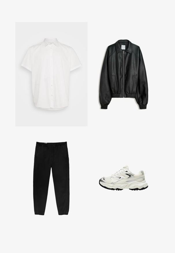 Schwarze Lederjacke mit Reißverschluss vorne, seitlichen Taschen und gerafften Bündchen. Sie verfügt über einen strukturierten Kragen und eine strukturierte Oberfläche.; Weißes Kurzarmhemd aus Baumwolle mit klassischem Kragen und Knopfleiste sowie geradem Saum. Glatte Textur, keine Muster.; Schwarze Hose mit elastischem Bund und Kordelzug, tapered Beinen, Seitentaschen und subtilen seitlichen Stickdetails. Weicher Baumwollstoff.; Weiße Sneaker mit einem Obermaterial aus Mesh, silbernen Akzenten, schwarzer Sohle und strukturierten Einsätzen. Verfügt über ein Schnürdesign und eine abgerundete Zehenform.