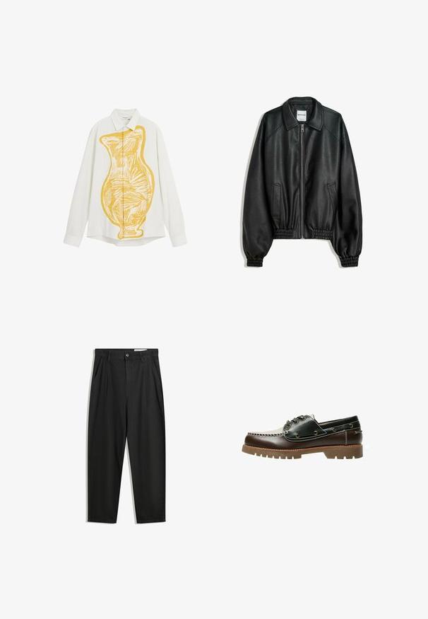 Zwarte leren jas met rits aan de voorkant, zijzakken en verzamelde manchetten. Heeft een gestructureerde kraag en een gestructureerde afwerking.; Witte shirt met een gemêleerde stof, voorzien van een grote gele vaas in schetsstijl op de voorkant. Klassieke kraag en knoopsluiting.; Zwarte katoenen broeken met een losse pasvorm, voorzien van een klassieke tailleband, voorplooien en zijzakken. Gladde structuur zonder patronen.; Bruine en zwarte leren boot schoen met veters, contrasterende stiksels en een gestructureerde rubberen zool. Voorzien van metalen ogen en een afgeronde neus.