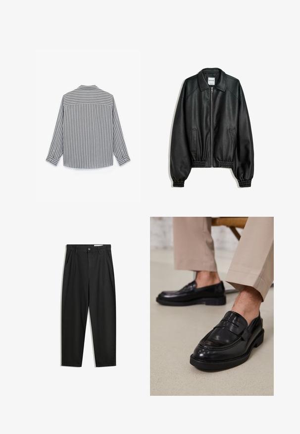 Sort læderjakke med lynlås foran, sidelommer og sammenkrøllede manchetter. Har en struktureret krave og en tekstureret overflade.; Grå og hvid stribet langærmet skjorte med lige afslutning, knapmanchetter og krave, lavet af et struktureret stof.; Sorte bomuldsbukser med en afslappet pasform, der har en klassisk talje, frontfolder og sidelommer. Glat tekstur uden mønstre.; Sorte lædermokkasiner med en glat overflade, der har en dekorativ rem og kontraststing, parret med beige bukser.
