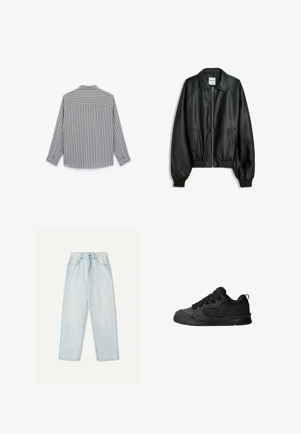 Sort læderjakke med lynlås foran, sidelommer og sammenkrøllede manchetter. Har en struktureret krave og en tekstureret overflade.; Grå og hvid stribet langærmet skjorte med lige afslutning, knapmanchetter og krave, lavet af et struktureret stof.; Lys blå denim jeans med en afslappet pasform, lige ben design, fem-lomme stil og subtil falmning på stoffet.; Sorte sneakers med en struktureret overdel, som har snørebånd, meshdetaljer for åndbarhed, polstret krave og en robust ydersål.
