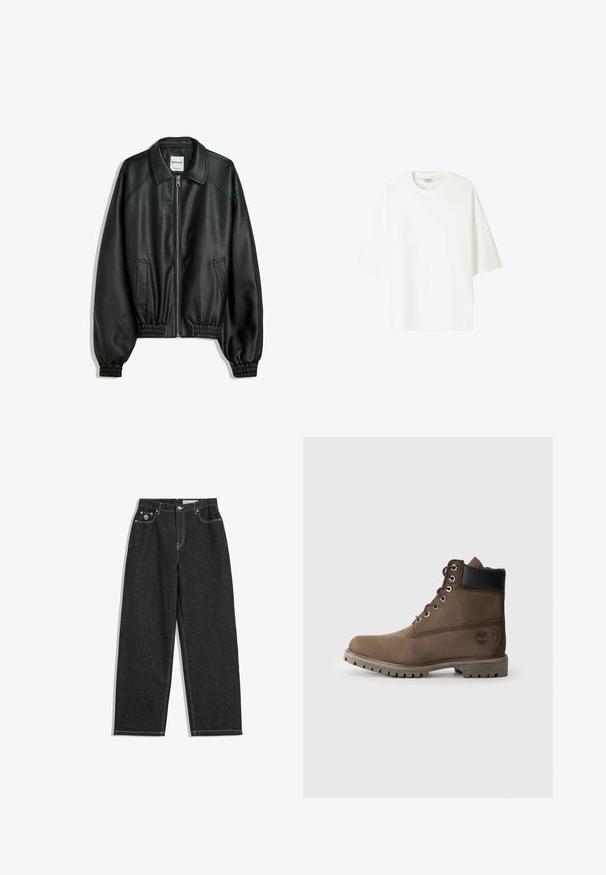 Crna kožna jakna s patentnim zatvaračem sprijeda, bočnim dzepovima i naboranim manžetama. Ima strukturiranu ovratnik i teksturiranu površinu.; Bijela majica kratkih rukava od pamuka, s okruglim izrezom i ležernim krojem te ravnim rubom.; Crne traperice ravnog kroja s bijelim šavovima, dizajn od pet džepova, zatvaranje na gumbe i patentni zatvarač, te mali logo na prednjem desnom džepu.; Smešani smešani kožni gležnjači s crnim ovratnikom, metalnim spojnicama i čvrstim sivim potplatom. Imaju logo sa strane i šivane detalje.