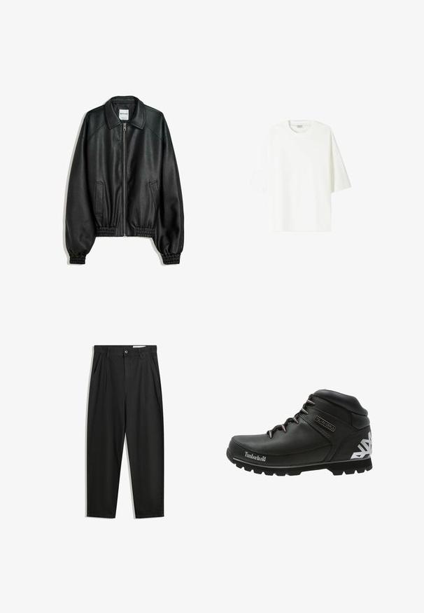 Black leather jacket with a zip front, side pockets, and gathered cuffs. Features a structured collar and textured finish.; White short-sleeve t-shirt made of cotton, featuring a crew neckline and a relaxed fit with straight hemline.; Black cotton trousers with a relaxed fit, featuring a classic waistband, front pleats, and side pockets. Smooth texture without patterns.; Black hiking boots with a textured leather upper, rubber soles, and metal eyelets. Notable white geometric design on the heel. Timberland branding visible.
