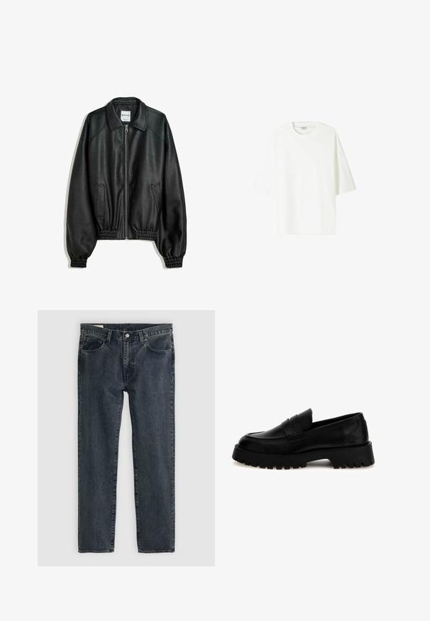 Giacca di pelle nera con zip frontale, tasche laterali e polsini arricciati. Presenta un colletto strutturato e una finitura testurizzata.; T-shirt bianco a maniche corte in cotone, con scollatura a girocollo e vestibilità comoda con orlo dritto.; Jeans in denim blu scuro con un design a gamba dritta, cinque tasche e chiusura con bottone. Il tessuto presenta una leggera sfumatura e texture.; Mocassini in pelle nera con suola spessa e rigata. Presentano una punta a mocassino cucita e una fascia frontale. Il marchio è visibile sul tacco.