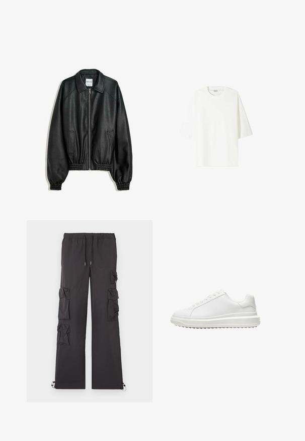 Black leather jacket with a zip front, side pockets, and gathered cuffs. Features a structured collar and textured finish.; White short-sleeve t-shirt made of cotton, featuring a crew neckline and a relaxed fit with straight hemline.; Black cargo pants with a drawstring waist, featuring multiple pockets on the sides and elastic cuffs at the ankles. Lightweight fabric.; White sneaker with a smooth synthetic upper, round toe, flat laces, textured sole, and a layered, platform design for added height.