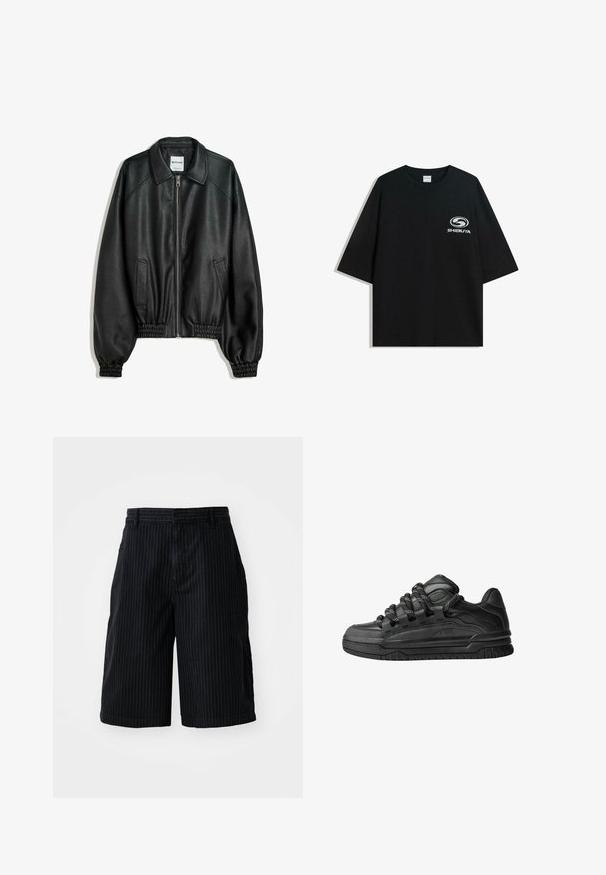 Fekete bőrkabát cipzáros elülső résszel, oldalsó zsebekkel és ráncolt mandzsettákkal. Struktúrált gallérral és texturált felülettel rendelkezik.; Fekete, oversized pamut póló kerek nyakkal és rövid ujjakkal, az elején fehér "Shibuya" logóval.; BDG Urban Outfitters STRIPED WORKER - Farmer rövidnadrágok - black; Fekete sportcipők sima bőrből készült felső résszel, struktúrált kiegészítőkkel, valamint kerek fekete és fehér fűzőkkel. Vastag gumitalp mintázott bordázattal.