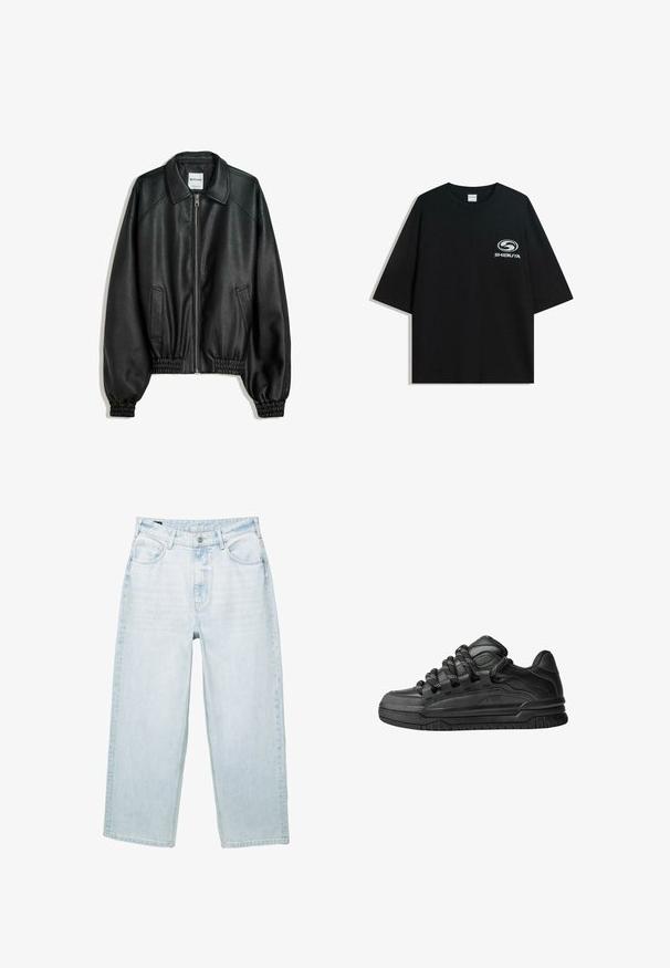 Fekete bőrkabát cipzáros elülső résszel, oldalsó zsebekkel és ráncolt mandzsettákkal. Struktúrált gallérral és texturált felülettel rendelkezik.; Fekete, oversized pamut póló kerek nyakkal és rövid ujjakkal, az elején fehér "Shibuya" logóval.; Világoskék, laza szabású farmernadrág, öt zsebbel, cipzáros nyitással és látható varrásokkal. Az anyag puha tapintású.; Fekete sportcipők sima bőrből készült felső résszel, struktúrált kiegészítőkkel, valamint kerek fekete és fehér fűzőkkel. Vastag gumitalp mintázott bordázattal.