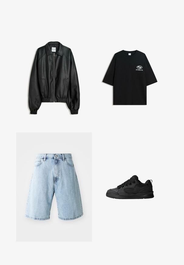 Crna kožna jakna s patentnim zatvaračem sprijeda, bočnim dzepovima i naboranim manžetama. Ima strukturiranu ovratnik i teksturiranu površinu.; Crna oversized pamukasta majica s okruglim izrezom i kratkim rukavima, s bijelim logotipom "Shibuya" otisnutim na prednjoj strani.; Svijetloplavi traper šorts s opuštenim krojem, s pojasom koji se zatvara dugmetom, prednjim džepovima i manžetama na rubu. Klasična traper tekstura.; Crne tenisice s teksturiranim gornjim dijelom, sa vezicama, mrežastim detaljima za prozračnost, podstavljenim ovratnikom i čvrstim potplatima.