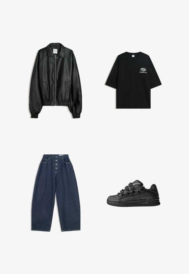 Černá kožená bunda se zipem vpředu, bočními kapsami a nařasenými manžetami. Má strukturovaný límec a texturovaný povrch.; Černé oversized bavlněné tričko s kulatým výstřihem a krátkým rukávem, na přední straně s potiskem bílého loga "Shibuya".; Tmavě modré denimové kalhoty s širokými nohavicemi, vysokým pasem, zapínáním na pět knoflíků a pěti kapsami. Obsahují švy s vypracovanými detaily.; Černé tenisky s hladkým koženým svrškem, texturovanými akcenty a kulatými černobílými tkaničkami. Silná gumová podrážka s vzorovaným dezénem.