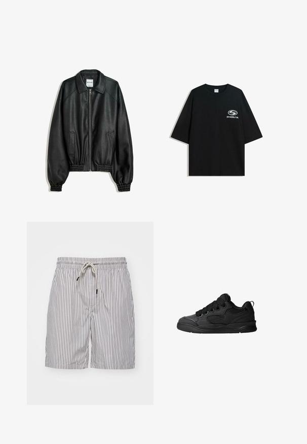 Zwarte leren jas met rits aan de voorkant, zijzakken en verzamelde manchetten. Heeft een gestructureerde kraag en een gestructureerde afwerking.; Zwarte oversized katoenen t-shirt met een ronde halslijn en korte mouwen, met een witte "Shibuya" logo gedrukt op de voorkant.; Gestreepte zwembroek van lichte stof; beschikt over blauwe verticale strepen, een elastische tailleband met trekkoord en zijzakken.; Zwarte sneakers met een gestructureerde bovenkant, voorzien van veters, mesh-details voor ademend vermogen, een gevoerd kraagje en een stevige zool.