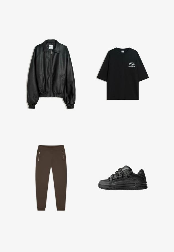 Veste en cuir noir avec fermeture éclair à l'avant, poches latérales et poignets froncés. Présente un col structuré et une finition texturée.; T-shirt en coton noir surdimensionné avec un col rond et des manches courtes, arborant un logo "Shibuya" blanc imprimé à l'avant.; Dropsize SUPER BLANK - Pantalon de survêtement - chocolatebrown; Baskets noires avec une tige en cuir lisse, des accents texturés et des lacets ronds noir et blanc. Semelle en caoutchouc épaisse avec un motif de semelle.