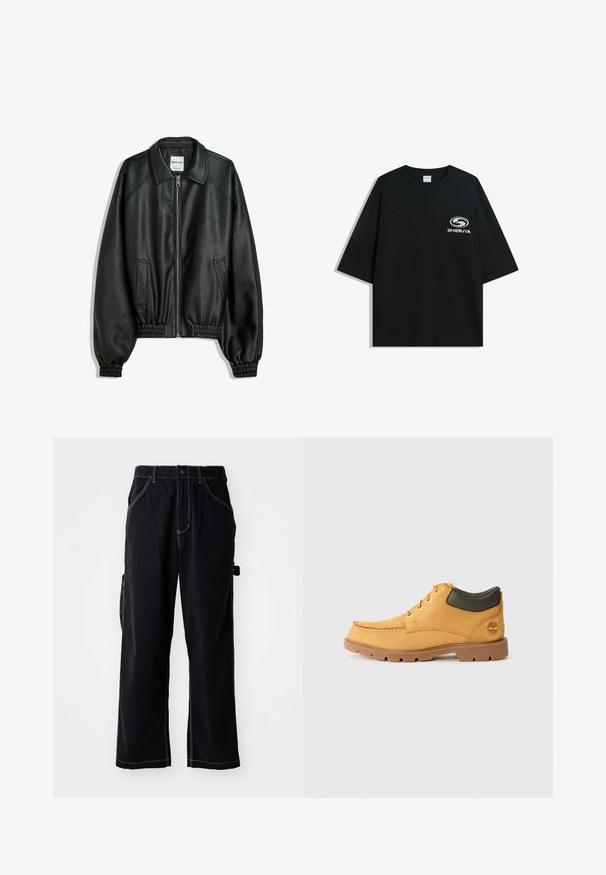 Svart läderjacka med dragkedja framtill, sidofickor och samlade ärmmuddar. Har en strukturerad krage och texturerad yta.; Svart oversized t-shirt i bomull med rund halsringning och korta ärmar, med en vit "Shibuya"-logotyp tryckt på framsidan.; Svarta cargobyxor med en avslappnad passform, som har dragsko i midjan, sidofickor och kontrasterande vita sömdetaljer.; Gul lädersko med brun gummisula, rund tå och grön läderdetalj vid vristen. Har guldöglor och sömnadsdetaljer.
