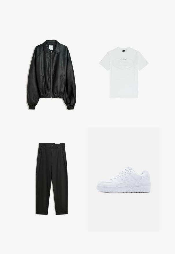 Svart läderjacka med dragkedja framtill, sidofickor och samlade ärmmuddar. Har en strukturerad krage och texturerad yta.; Vit bomullströja med korta ärmar. Har en central oval grafik med texten "New Era" i mörkblått. Enkel, klassisk passform.; Svarta bomullsshorts med avslappnad passform, med en klassisk midja, framveck och sidfickor. Slät textur utan mönster.; Vita athletic sneakers med en slät läderöverdel, perforerad tå, vadderad krage och gummisula. Har en logotyp på sidan.