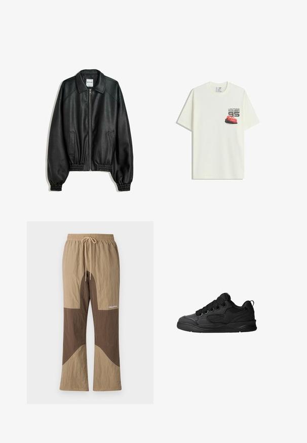 Černá kožená bunda se zipem vpředu, bočními kapsami a nařasenými manžetami. Má strukturovaný límec a texturovaný povrch.; Bílý tričko s krátkým rukávem se malou grafikou červeného auta blesku McQueena a textem "Lightning McQueen 95" na levé straně hrudi.; Hnědé a béžové kalhoty s barevnými bloky, s elastickým pasem, šňůrkou a textovým logem. Vyrobené z texturované látky, s volným střihem.; Černé tenisky s texturovaným svrškem, obsahující šněrování, síťované detaily pro prodyšnost, polstrovaný límec a pevnou podrážku.