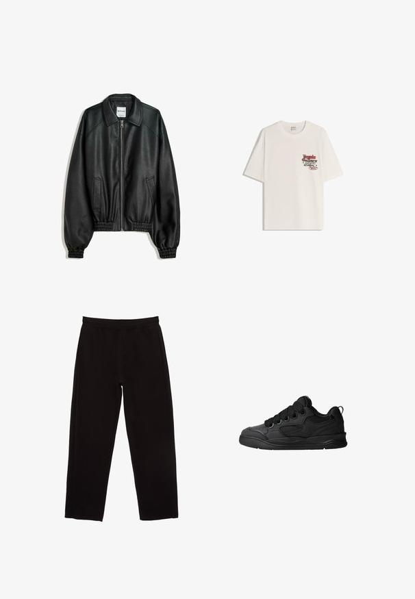 Zwarte leren jas met rits aan de voorkant, zijzakken en verzamelde manchetten. Heeft een gestructureerde kraag en een gestructureerde afwerking.; Witte katoenen t-shirt met korte mouwen en een ronde halslijn. Heeft een bedrukte grafiek met rode en zwarte tekst op het linker borstgebied.; Zwarte sweatpants van katoen, met een elastische tailleband, rechte benen en zonder zichtbare zakken of versieringen.; Zwarte sneakers met een gestructureerde bovenkant, voorzien van veters, mesh-details voor ademend vermogen, een gevoerd kraagje en een stevige zool.